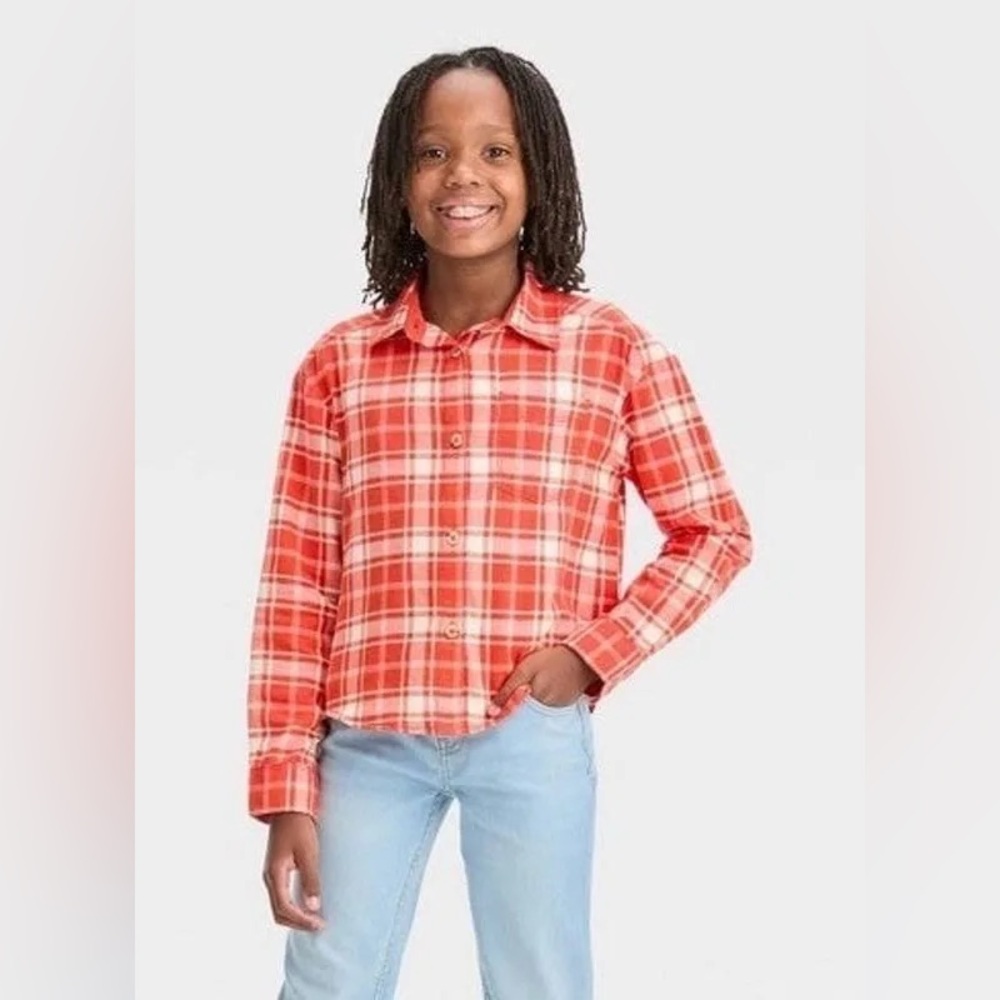 103 NWT Cat & Jack Girls' Flannel Long Sleeve Button Down Top‎ - Size: L (10/12)
